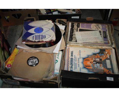 A TRAY OF VINTAGE 78 RPM RECORDS, TOGETHER WITH A BOX OF VINTAGE SHEET MUSIC (2) 