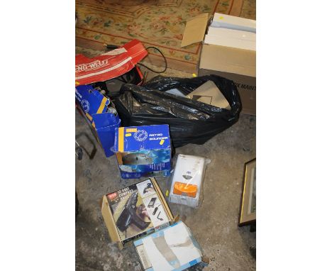 A SELECTION OF BOXED LIGHTING, SPACE HOPPERS, SOAP DISPENSERS &amp; TOOLS ETC