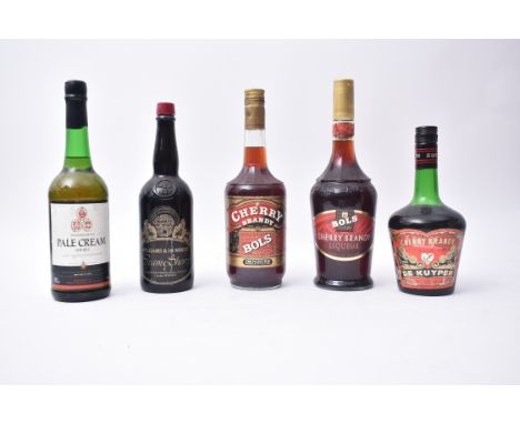 A collection of five vintage 20th century &amp; later cherry brandy &amp; cream sherry bottles. The lot to include two&nbsp;B