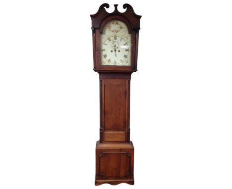 A 19th century oak longcase clock with painted dial, pendulum, weights and key