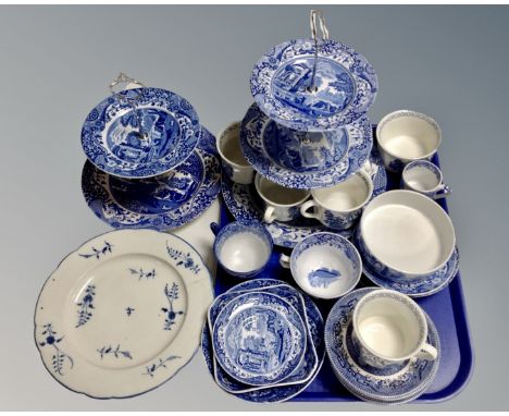 A quantity of antique and later blue and white ceramics to include floral glazed plate, ironstone willow pattern teacups and 