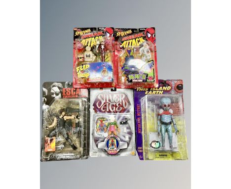 Five vintage boxed action figures and models including Toy-Biz Sneak Attack Madame Web, Big Busters and Silver Age Gwen Stacy