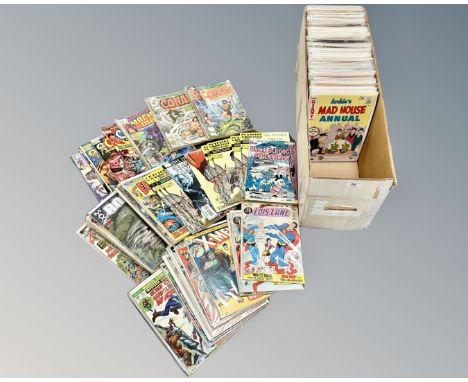 A box containing a large collection of vintage and later comics including Classics Illustrated, Marvel Comics Fantastic 4, Co