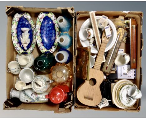 Two boxes containing Maling lustre china, Oriental vase, mottled glass light shades, ukulele etc.