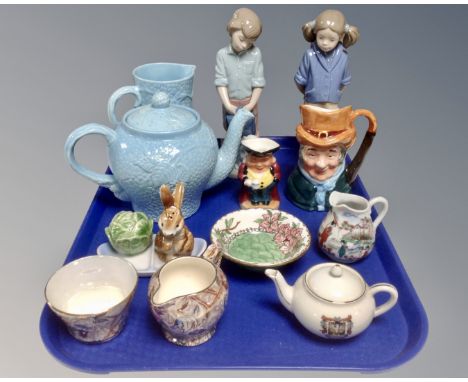 A tray containing Maling lustre china, two Nao figures of children, Wade teapot and jug etc.