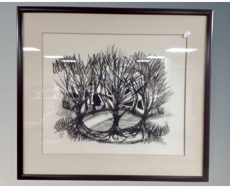 K. Rielley : Abstract study of trees, charcoal drawing, in frame and mount, 47cm by 39cm.