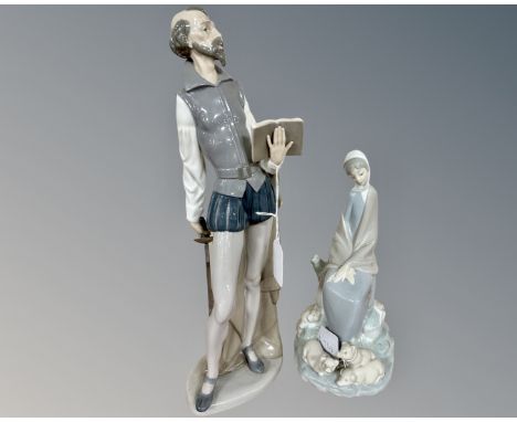 Two Nao figures, Don Quixote 305G and Girl with Herd of Pigs L041. CONDITION REPORT: Quixote figure's sword has been reattach