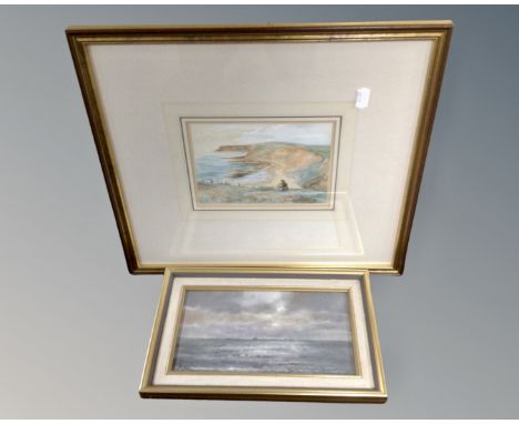 A Walter Holmes print of a seascape, together with a further watercolour study of two figures on coastal cliffs, in frame and