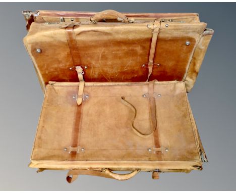 Two vintage tan leather combination luggage cases (AF)