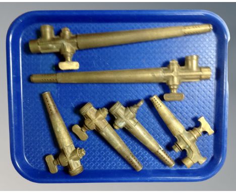 Six vintage brass Harry Mason of Birmingham beer barrel taps 