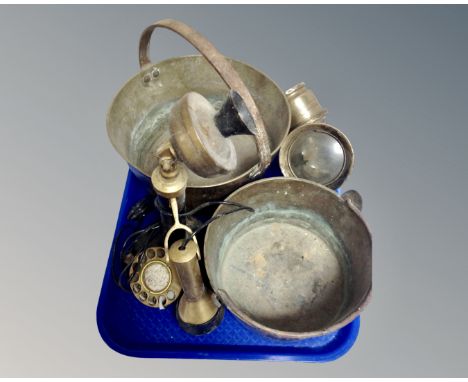 A tray of two graduated vintage brass cast iron handled jam pans, Joseph Lucas lamp, together with a vintage candlestick tele
