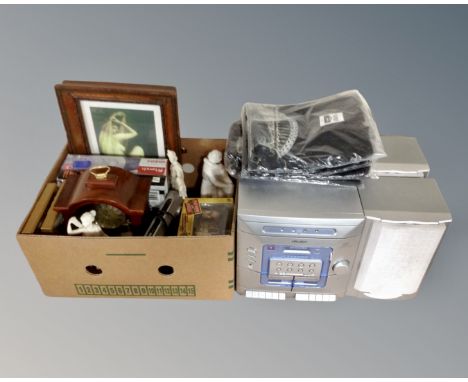 A Bush hifi system together with a box containing classical figurines, mantel clock, boxed radio etc 