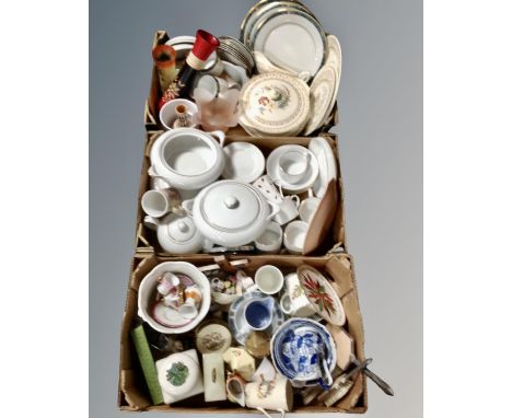 Three boxes of assorted ceramics to include Royal Doulton and Crown Ducal dinner ware, vases, blue and white miniature jug an
