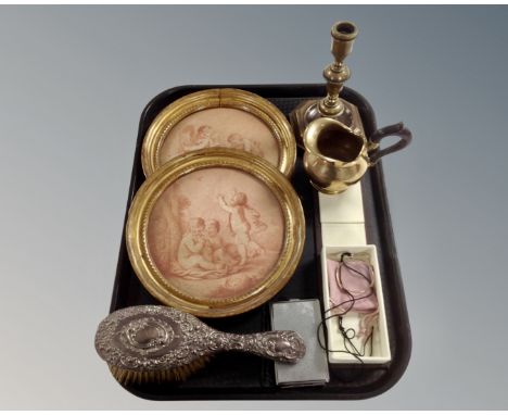 A tray containing a pair of 19th century stipple engravings after Bartolozzi, a silver backed dressing table brush, brass can