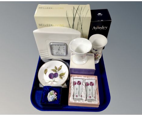 A tray of boxed ceramics to include Belleek mantel clock, Royal Worcester dish, Wedgwood and Aynsley vases etc 