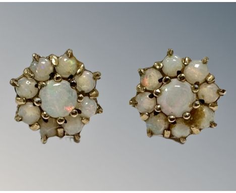 A pair of 9ct yellow gold opal cluster earrings, cluster diameter 10 mm.