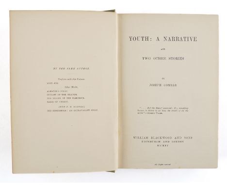 CONRAD, Joseph (1857-1924). Youth, London, 1902, 8vo, original cloth gilt (spine darkened and spotted). FIRST EDITION of this