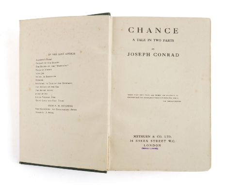 CONRAD, Joseph (1857-1924). Chance, London, 1913, 8vo, original green cloth gilt. FIRST EDITION. Please see the extensive not