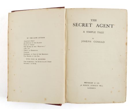 CONRAD, Joseph (1857-1924). The Secret Agent, London, 1907, 8vo, half title, 40-pages of publisher's advertisements at the en