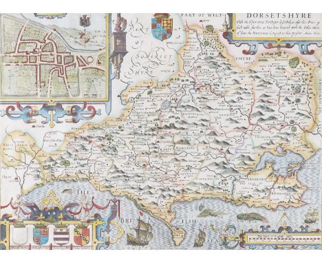 SPEED, John (1552-1629). Dorsetshyre, [London: 1611 or later], hand-coloured engraved map of Dorset, baroque cartouches, inse