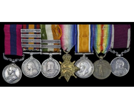 An unattributed Great War D.C.M. group of seven mounted miniature dress medalsDistinguished Conduct Medal, G.V.R.; Queen's So