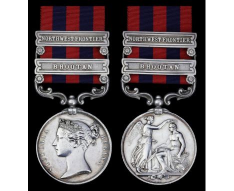 India General Service 1854-95, 2 clasps, Bhootan, North West Frontier (Sepoy Bheemea Khultree 66th. Goorkha Regt.), light con