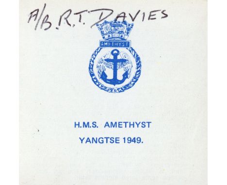 A pair of H.M.S. Amethyst commemorative medallions presented to Able Seaman R. T. Davies, Royal Navyof identical design, 'sil