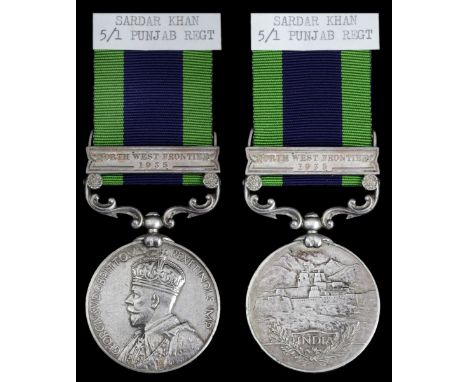 India General Service Medal 1908-35, 1 clasp, North West Frontier 1935 (10433 Sepoy Sardar Khan, 5-1 Punjab R.), nearly very 