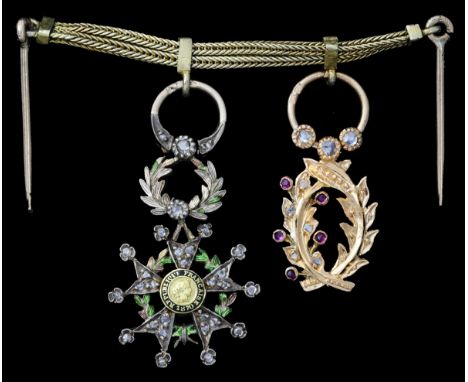 A continentally-mounted and jewel-set pair of French miniature dress medalsFrance, Legion of Honour, 33mm including wreath an