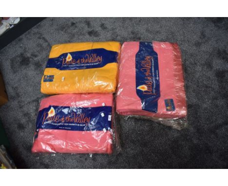 Three unused vintage 'Pride of the valley' Yorkshire blankets, still in packaging,two pink and one yellow,approx 90x 100'.