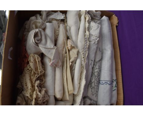 A box of vintage and antique table linen and similar, embroidered and damask examples included.