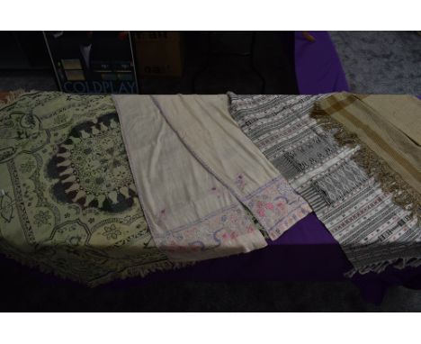 A selection of vintage and antique shawls, various styles and era, fabrics and designs, also included is an antique Turkish O