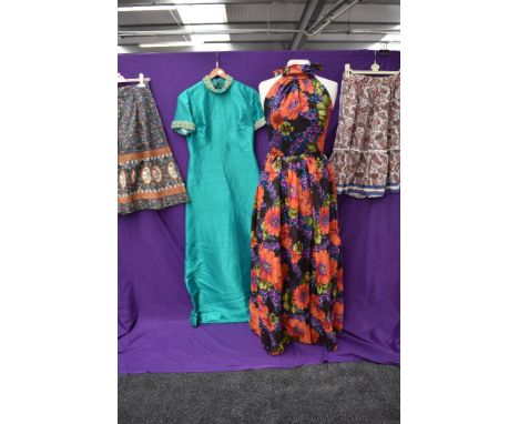 A collection of vintage dresses and skirts including vibrant floral halter neck Tina Warren dress and 1960s emerald green dre