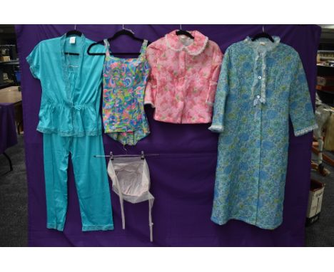 A mixed lot of ladies vintage 1960s nylon items including dressing gown,bed jacket,pyjama set and swim suit.