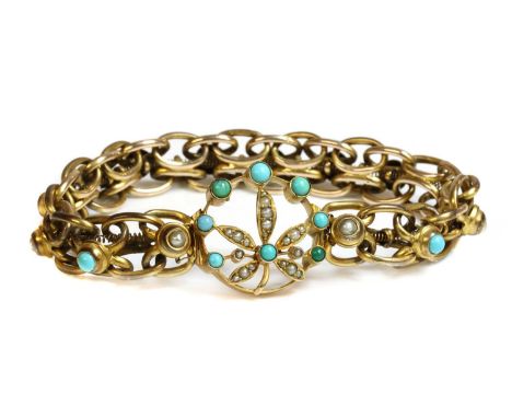 A late Victorian hollow gold expanding bracelet,with a centrepiece of turquoise and split pearls. A blade edge bar hoop, rub 