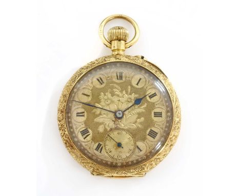 An 18ct gold mechanical top wind fob watch,with a 32.50mm case. A gold hand engraved dial with black Roman numerals, blued sp