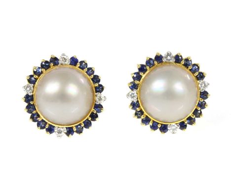 A pair of 18ct gold cultured mabé pearl, sapphire and diamond earrings,with a 14.5mm cultured mabé pearl, rub set to the cent