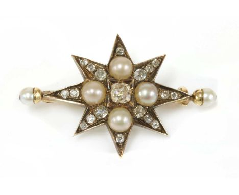 A Victorian diamond and pearl India star,later mounted as a bar brooch. A cushion cut diamond, grain set to a box collet at t