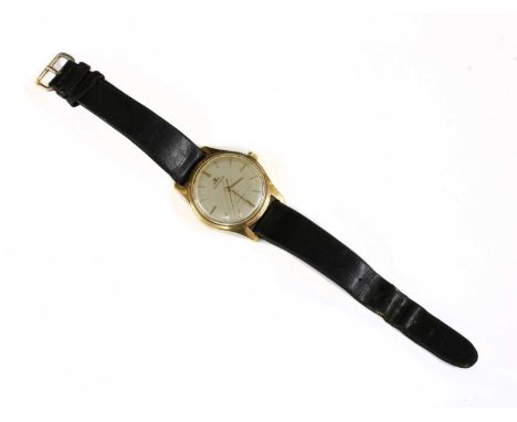 A gentlemen's 9ct gold Jaeger-LeCoultre automatic strap watch,34mm diameter. A silvered dial with raised gilt batons and hand