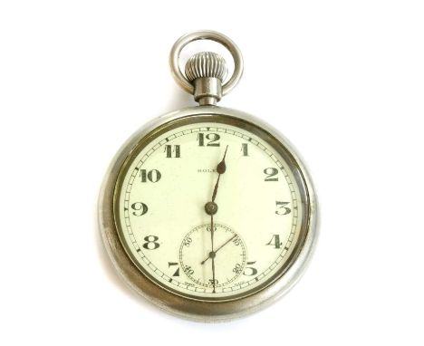 A military issue Rolex mechanical open-faced pocket watch,B8543, with a 52mm case. Base metal screw case with a white enamel 