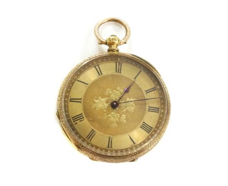 A Swiss 18ct gold key wound open-faced pocket watch,with a 38mm case. A gold engine turned and hand engraved dial, with black