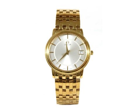 A gentlemen's 18ct gold Omega 'Prestige' quartz bracelet watch, reference 41 103 100. Presented by Isa bin Salman Al Khalifa,