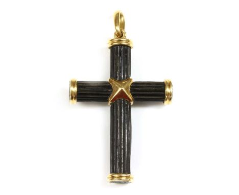 A French gold cross pendant by Lasbleiz-Fournier-Vitiello, possibly c.1970, the arms, possibly of elephant hair, with central