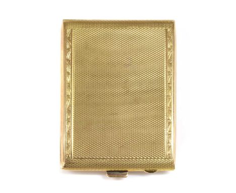 An Art Deco 9ct gold rectangular match book case by S J Rose, of lightly domed form. Engine turned fine barley decoration wit