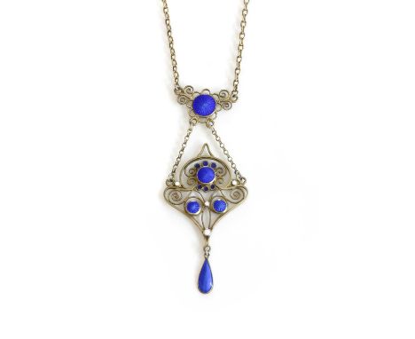 A Norwegian silver gilt enamel pendant by Marius Hammer, c.1910,with a pierced centrepiece with a blue and white guilloché en