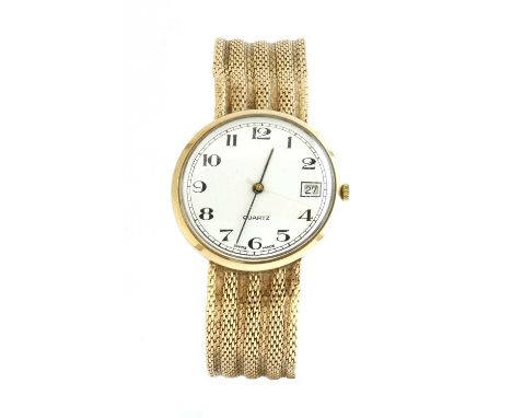 A gentlemen's 9ct gold bracelet watch, c.1960,with a later replacement quartz movement. A circular case 33mm diameter, with w