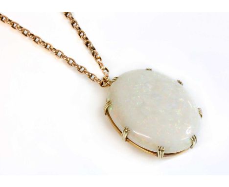 A single stone opal pendant, with an oval tallow cut cabochon opal, estimated as approximately 48.50ct, claw set to a plain c