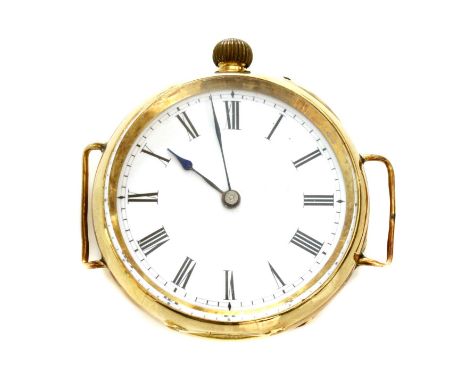A gentlemen's 18ct gold Swiss mechanical strap watch,with a 35mm case. A white enamel dial, black Roman numerals, blued spade