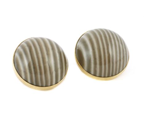 A pair of circular gold polished flint earrings,with a banded flint cabochon, with a stated total weight of 95.40ct, rub set 
