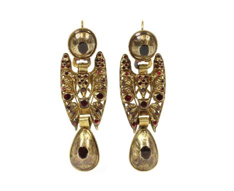 A pair of antique 19th century Spanish Catalan flat cut garnet drop earrings,with a domed oval top. A cushion-shaped flat cut